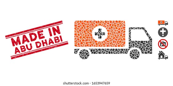 Rubber red stamp watermark with Made in Abu Dhabi text between double parallel lines, and mosaic drugs shipment icon. Mosaic vector is composed with drugs shipment icon and with random oval elements.