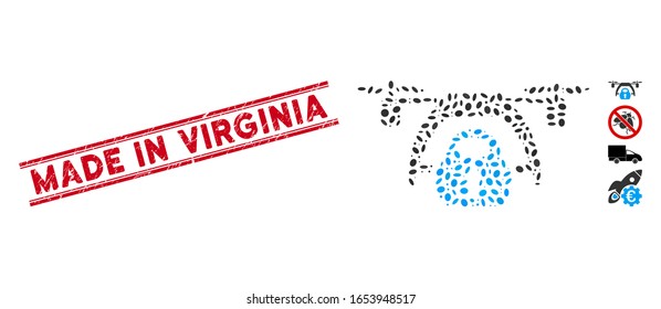 Rubber red stamp watermark with Made in Virginia phrase inside double parallel lines, and mosaic drone loading icon. Mosaic vector is formed with drone loading icon and with scattered elliptic items.
