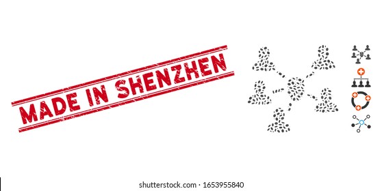 Rubber red stamp watermark with Made in Shenzhen phrase inside double parallel lines, and mosaic doctor patients icon.