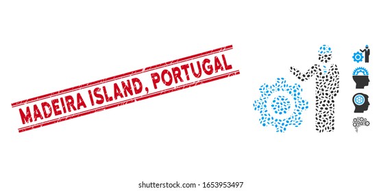 Rubber red stamp watermark with Madeira Island, Portugal text inside double parallel lines, and mosaic engineer with gear icon.