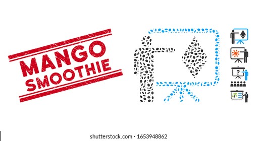 Rubber red stamp watermark with Mango Smoothie phrase between double parallel lines, and mosaic Ethereum lecture board icon.