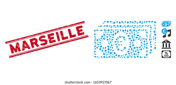 Rubber red stamp watermark with Marseille phrase between double parallel lines, and mosaic Euro banknotes icon. Mosaic vector is formed with Euro banknotes icon and with random ellipse items.