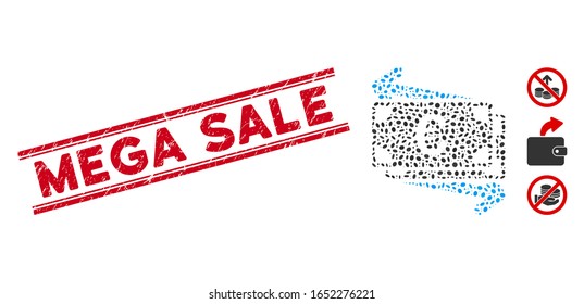 Rubber red stamp watermark with Mega Sale caption inside double parallel lines, and mosaic Euro money transfer icon.