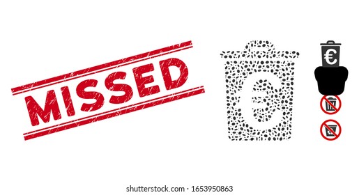 Rubber red stamp watermark with Missed text inside double parallel lines, and mosaic Euro trash icon. Mosaic vector is created with Euro trash icon and with scattered elliptic items.