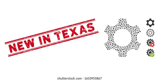 Marca de agua de sello rojo caucho con la leyenda Nuevo en Texas dentro de líneas paralelas dobles, e icono de equipo de mosaico. El vector mosaico se crea con el icono de engranaje y con elementos de elipse aleatorios.