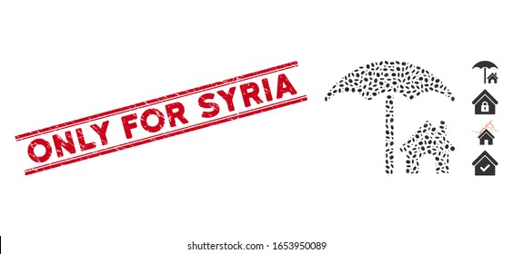 Marca de agua roja de goma con la leyenda Only for Syria entre líneas paralelas dobles y una casa de mosaico bajo un icono de paraguas.