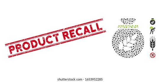 Rubber Red Stamp Watermark With Product Recall Caption Inside Double Parallel Lines, And Mosaic Grain Harvest Sack Icon.