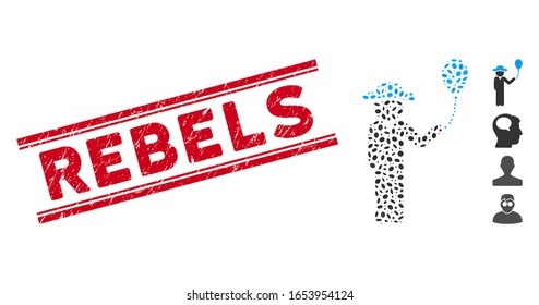 Rubber red stamp watermark with Rebels text inside double parallel lines, and mosaic gentleman with balloon icon.