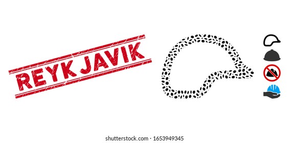 Rubber red stamp watermark with Reykjavik caption inside double parallel lines, and mosaic motorbike helmet icon. Mosaic vector is formed with motorbike helmet icon and with scattered oval items.