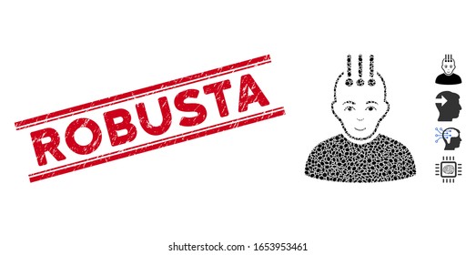 Rubber red stamp watermark with Robusta phrase inside double parallel lines, and mosaic neural interface icon.