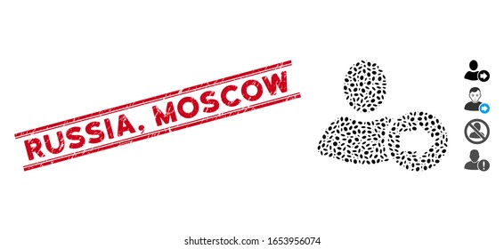 Rubber red stamp watermark with Russia, Moscow caption inside double parallel lines, and mosaic next user icon. Mosaic vector is created with next user icon and with scattered elliptic elements.
