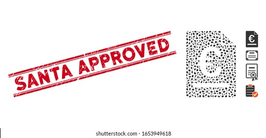 Rubber red stamp watermark with Santa Approved text between double parallel lines, and mosaic Euro invoice icon. Mosaic vector is composed with Euro invoice icon and with randomized elliptic spots.