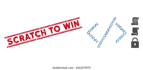 Rubber red stamp watermark with Scratch to Win caption between double parallel lines, and mosaic HTML code icon. Mosaic vector is created with HTML code icon and with scattered oval elements.