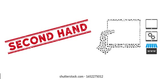 Rubber red stamp watermark with Second Hand caption between double parallel lines, and mosaic hand holds tablet icon. Mosaic vector is designed from hand holds tablet icon and with random oval items.