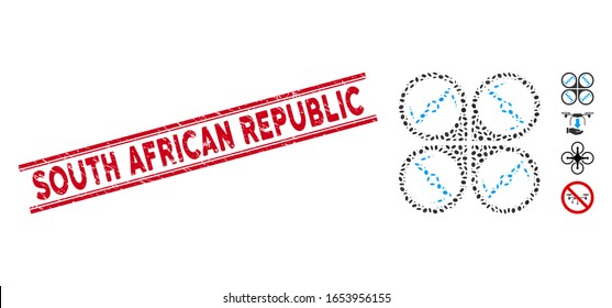 Rubber red stamp watermark with South African Republic text between double parallel lines, and mosaic quadcopter screws rotation icon.