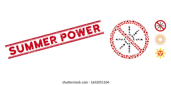 Rubber red stamp watermark with Summer Power text inside double parallel lines, and mosaic no sun light icon. Mosaic vector is designed with no sun light icon and with randomized oval items.
