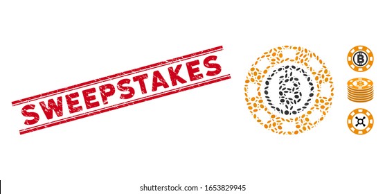 Rubber Red Stamp Watermark With Sweepstakes Caption Between Double Parallel Lines, And Collage Bitcoin Casino Chip Icon.