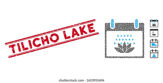 Rubber red stamp watermark with Tilicho Lake caption inside double parallel lines, and mosaic spa shower calendar day icon.