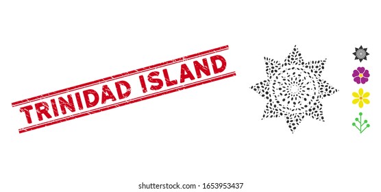 Rubber red stamp watermark with Trinidad Island text between double parallel lines, and collage sunflower flower icon.