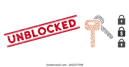 Rubber red stamp watermark with Unblocked text between double parallel lines, and mosaic car keys icon. Mosaic vector is formed from car keys icon and with random elliptic elements.