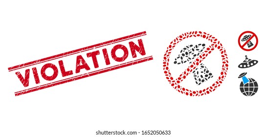 Rubber red stamp watermark with Violation text between double parallel lines, and mosaic no UFO abduction icon. Mosaic vector is designed with no UFO abduction icon and with randomized ellipse items.