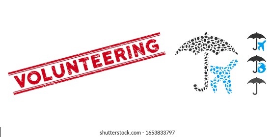 Rubber red stamp watermark with Volunteering phrase inside double parallel lines, and mosaic aviation umbrella icon.
