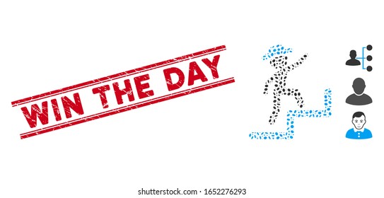 Rubber red stamp watermark with Win the Day phrase between double parallel lines, and mosaic gentleman steps upstairs icon.