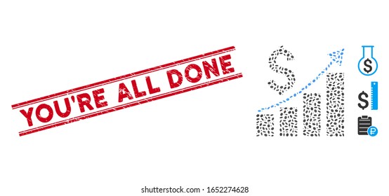 Rubber red stamp watermark with You'Re All Done text inside double parallel lines, and mosaic financial growth bar chart icon.