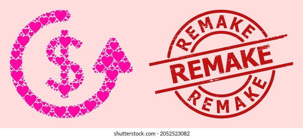 Rubber Remake seal, and pink love heart collage for repeat payment. Red round seal includes Remake caption inside circle. Repeat payment collage is created with pink romance symbols.