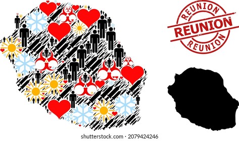 Rubber Reunion seal, and frost men infection treatment mosaic map of Reunion Island. Red round badge includes Reunion title inside circle. Map of Reunion Island mosaic is done of frost, spring,