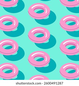 Rubber ring float inflatable lifebuoy seamless pattern. Duotone pink and aquamarine colors design print for summer, beach, pool themes. Minimalistic vector illustration background