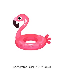 Rubber ring in shape of bright pink flamingo. Inflatable swimming circle. Tropical bird. Children accessory for summer beach vacation. Colorful flat vector design