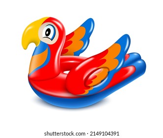 Rubber ring for swimming in the pool. Bird colorful parrot. Water safety for children. Lifebuoy. Isolated on white background Realistic vector illustration.