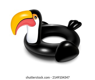 Rubber ring for swimming in the pool. Black toucan bird. Water safety for children. Lifebuoy. Isolated on white background Realistic vector illustration.