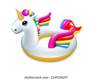 Rubber ring for swimming in the pool. Cute white unicorn. Lifebuoy. Isolated on white background Realistic vector illustration.