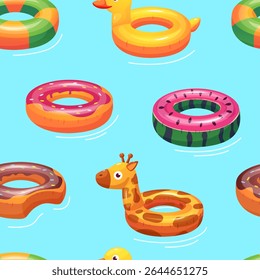Rubber rings seamless pattern. Summer beach accessories, inflatable circles different shapes. Bright print for fabric wrapping wallpaper, nowaday vector background