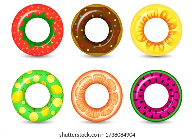 Rubber rings set isolated on white background with strawberries donut lemons grapefruit watermelon and flowers pattern.