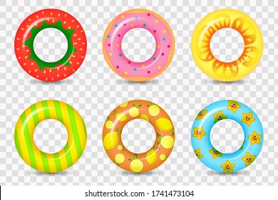Rubber rings set isolated on white background with unicorn. Life saving floating lifebuoy for beach or ship, rescue belt for saving people. 