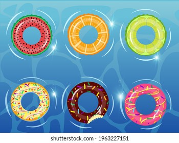 Rubber rings set on the background of water with donut, watermelon, orange, lime. Swimming ring colorful rubber toy realistic icons. Summer, water and beach theme, Lifebuoy flat vector set