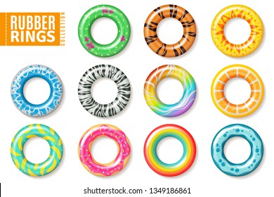 Rubber rings. Swimming inflatable float pool kids buoy toys colorful lifesaver ring children beach summer sea realistic vector collection