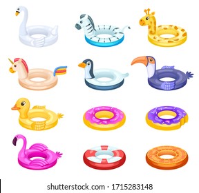 Rubber rings. Swimming ring, inflatable lifesaver for pool. Isolated sea rescue floater, unicorn, donut and duck. Vector swim equipment set