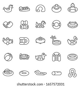 rubber rings of various shapes for swimming, icon set. attributes for a summer holiday in the water, air mattress, swimming arm band, boats, linear icons. Line with editable stroke