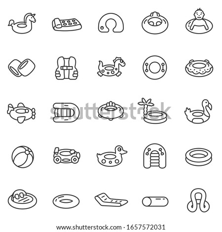 rubber rings of various shapes for swimming, icon set. attributes for a summer holiday in the water, air mattress, swimming arm band, boats, linear icons. Line with editable stroke