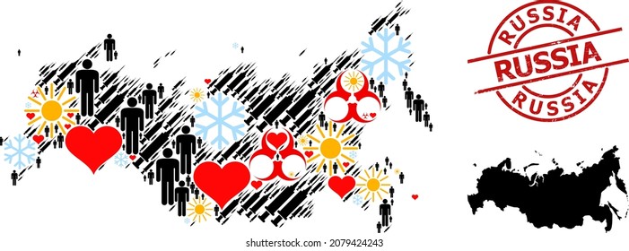 Rubber Russia stamp seal, and heart men virus therapy collage map of Russia. Red round stamp seal has Russia tag inside circle. Map of Russia collage is created of frost, spring, healthcare, persons,