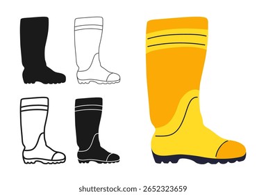 Conjunto de símbolos de ícone de botas de segurança. Calçado de botas de chuva trabalhador protetor de construção moderna para construtor, mecânico, serviço de encanador. Sapatos profissionais roupas de trabalho design sinal vetor ilustração