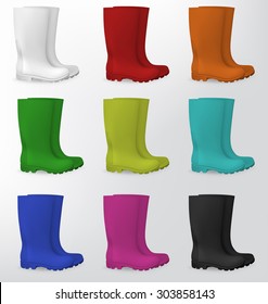 Rubber safety boots in white, red, orange, green, light green, aqua, blue, pink and black.