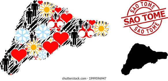 Rubber Sao Tome stamp seal, and winter population Covid-2019 treatment collage map of Easter Island. Red round stamp includes Sao Tome caption inside circle.