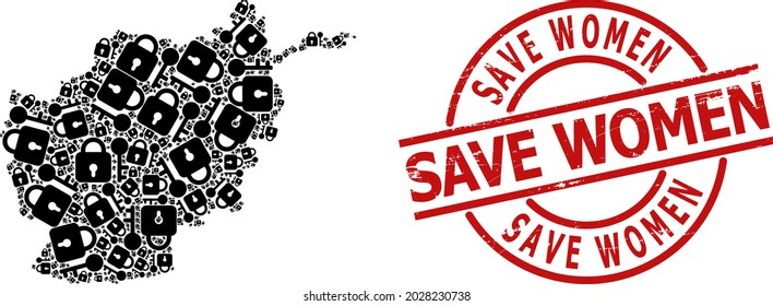 Rubber Save Women seal, and secrecy collage of Afghanistan map. Red round stamp seal contains Save Women tag inside circle. Afghanistan map collage is composed of secrecy rotated elements.