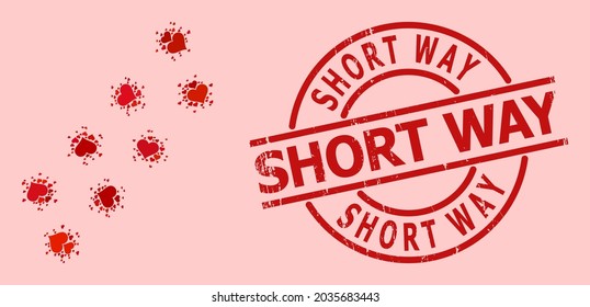 Rubber Short Way stamp, and red love heart mosaic for virus trace. Red round stamp seal has Short Way title inside circle. Virus trace mosaic is made with red amour icons.