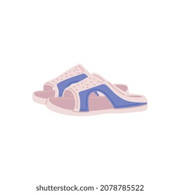 Rubber slippers for home or beach vacation, flat vector illustration isolated on white background. A pair of comfortable summer flip flop slippers or mules.